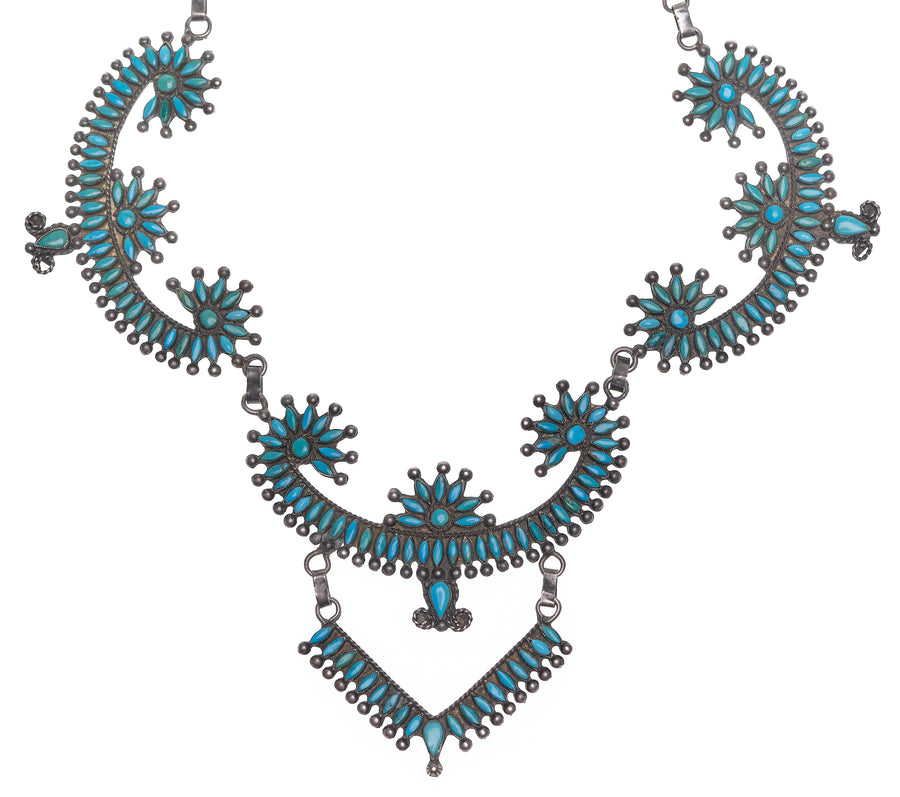 1940’s Zuni Needlepoint Bib Necklace + Handmade Box Link Chain