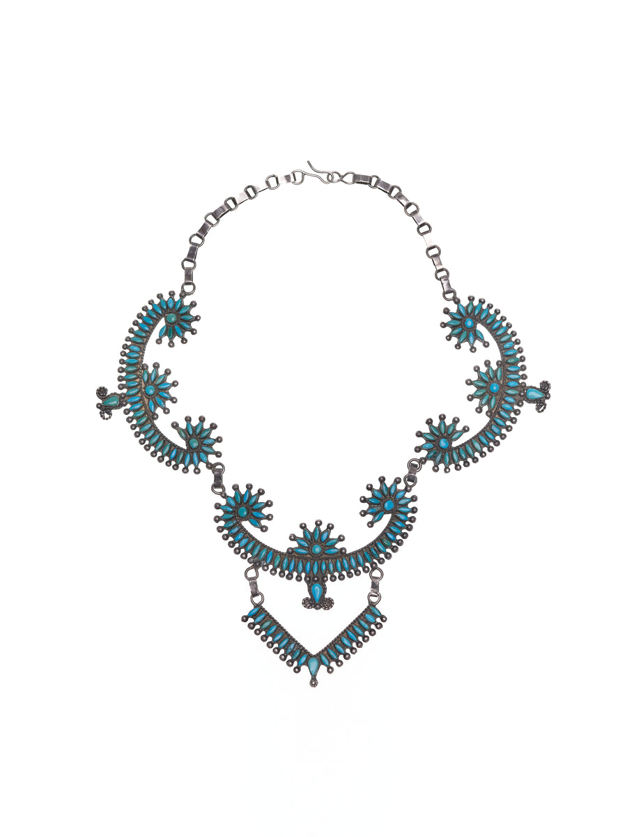 1940’s Zuni Needlepoint Bib Necklace + Handmade Box Link Chain