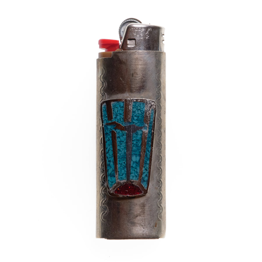 1970s TURQUOISE + CORAL CHIP INLAY LIGHTER SLEEVE
