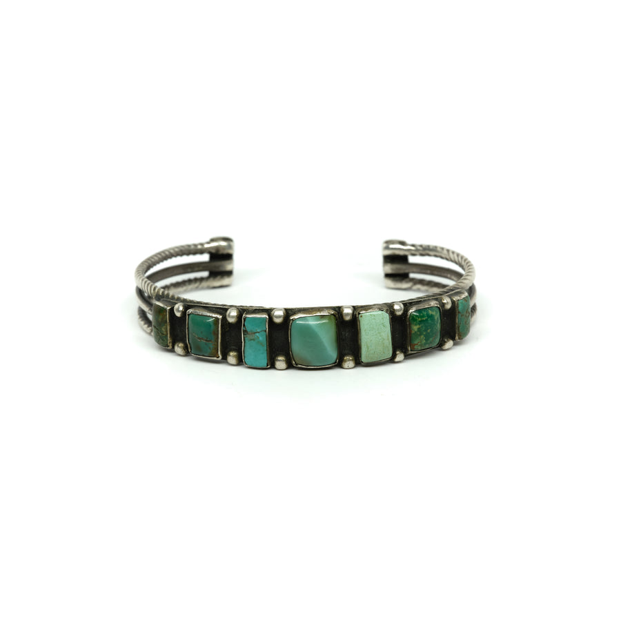 1930s TURQUOISE + HAND DRAWN WIRE CUFF